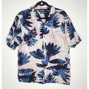 Perry Ellis Shirt Mens Large Pink Blue Linen Short Sleeve Floral Hawaiian Casual